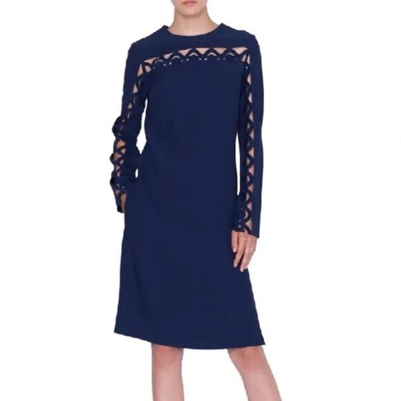 Akris Punto Navy Blue Scallop Wave Cutout Knee-Length Shift Dress - Picture 1 of 10